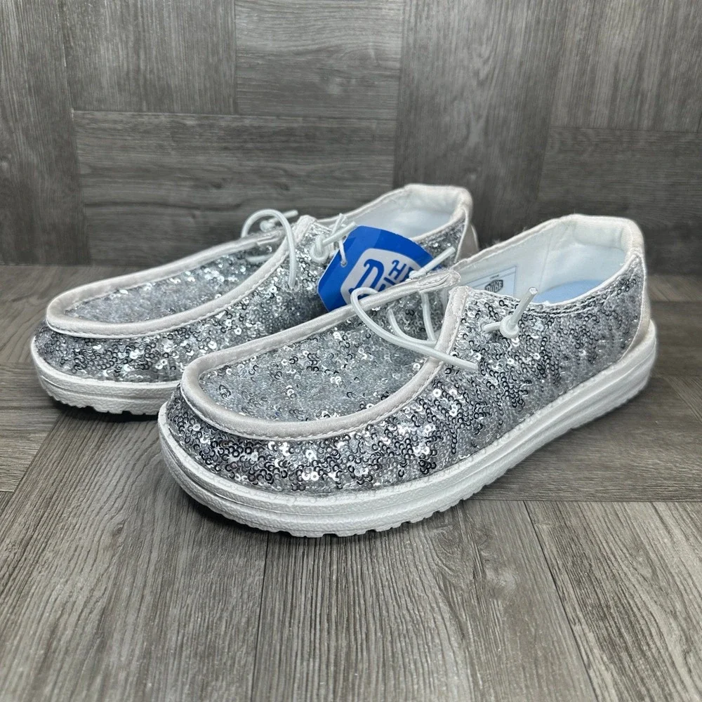 Hey Dude Wendy Sequin Women Size 5 Cream Silver Sparkle Slip On NEW
